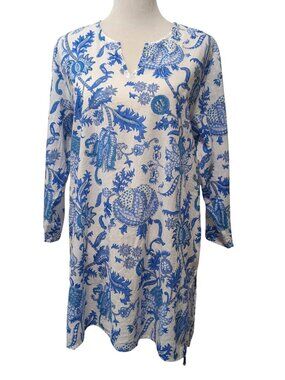 Roller Rabbit Womens Sz XL Amanda Blue Floral Split Neck Cotton Kurta Tunic Top